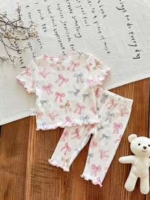 SHEIN LMoss Kids Dozemod 儿童新生女宝宝可爱卡通图案荷叶边圆领短袖针织柔软睡衣套装，2件套 - 彩色 - 查看 2