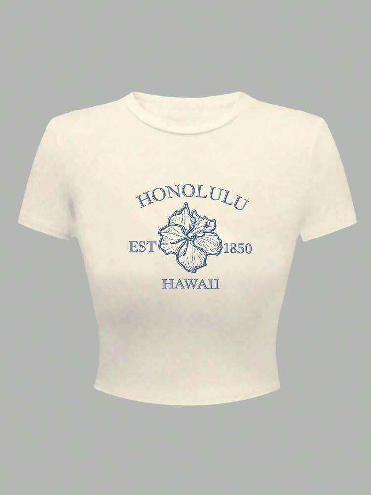 SHEIN Camiseta de manga corta con cuello redondo y estampado de letras y flores en estilo casual de verano para adolescentes y mujeres, camiseta de Honolulu, Hawái, para el verano - Beis - Añade 3
