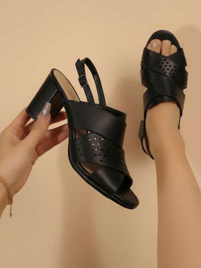Sandalias de mujer con diseño troquelado moderno punta redonda correa de hebilla tacón grueso para oficina y uso casual