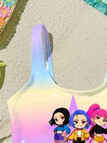 少女休闲简约卡通女孩泳装套装，亮紫色，卡通女孩团体泳衣印花图案背心式泳衣，适合夏季穿着 - 彩色 - 查看 4