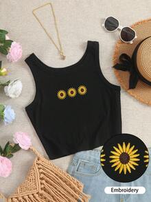 INAWLY 雏菊刺绣女士圆领吊带衫 - 黑色 - 查看 1