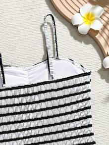 SHEIN 青少年女孩坦基尼比基尼（大號）吊帶式，復古經典風格，白色配黑白橫條紋，壓褶紋理面料，時尚休閒精緻奢華淑女風，適合游泳、夏季度假、海邊沙灘、泳池派對 - 黑與白 - 查看 3