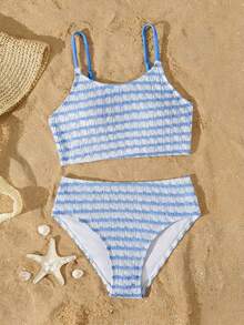 少女条纹比基尼套装，休闲两件式泳衣，三角泳裤设计，适合度假、海滩、夏季穿着。 - 藍色 - 查看 4