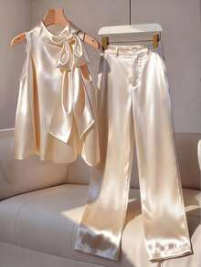 GlowEve 2件套优雅纯色吊带背心和裤子套装，夏季 - 杏色 - 查看 1