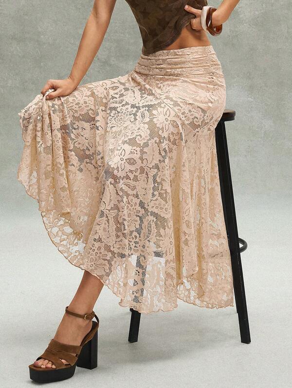 Bohemela Casual Solid Color Knit Lace Asymmetrical Hem Loose Women Skirt