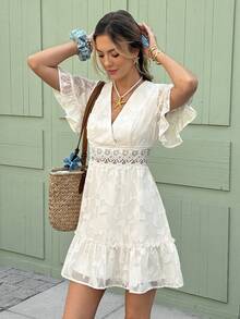 Serisse Women Elegant Holiday Casual Solid Color  V-Neck Ruffle Sleeve Cut Flower Chiffon Casual Dress With Lace Embroidery And A-Line Hem,Vacation Style,Jacquard Textured Babydoll Dress,Romantic Jacquard Flower Summer Dress,Ruffled Dress,Summer Dresses For Women Vacation Outfits Woman Beach Outfits For Woman Dresses For Women Elegant  Business Casual Woman,Casual Dresses For Women Summer Vacation Outfits Wedding Guest Dress For Women Carnival Dress - Apricot - View 1