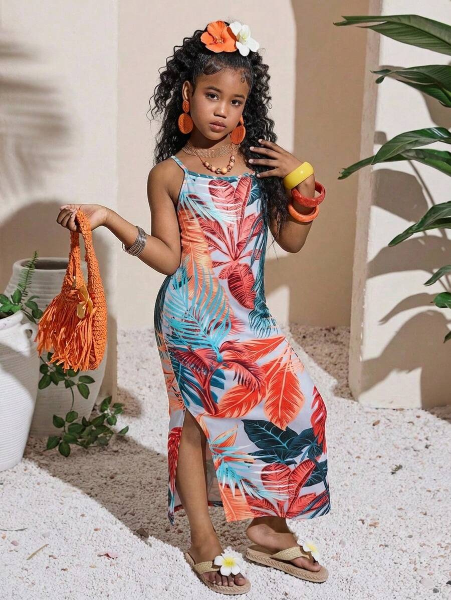 SHEIN 少女休闲度假黑色热带花卉印花开衩裙 - 彩色 - 查看 1