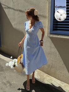 Serisse 女士格子短袖中长连衣裙 - 彩色 - 查看 12