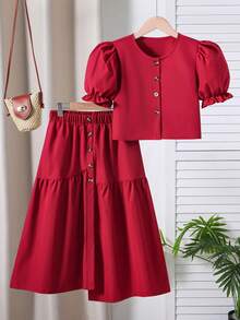 SHEIN 2pcs Tween Girl Print Petal Sleeve Shirt + Asymmetric Button Skirt Set, Comfortable Spring/Summer Holiday Outfit - Burgundy - View 3