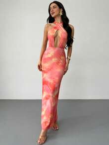 Aloruh 春夏新款优雅浪漫度假情人节婚礼露背蝴蝶结深V领橙色渐变印花紧身长裙，渐变印花长裙，沙滩度假长裙，性感度假长裙，粉橙印花长裙 - 橘色 - 查看 6