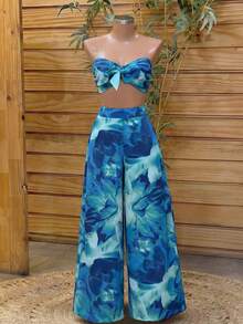 Lunelith SHEIN Lunessa 2pcs Women's Floral Print Bandeau Tie Waist Wide Leg Pants Set, Spring/Summer - Multicolor - View 6