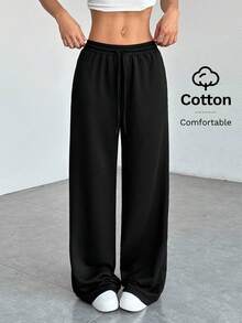 SHEIN PETITE Quần nỉ nữ ống rộng, màu trơn, thoải mái và giản dị. - màu đen - Xem 8