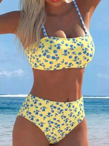SHEIN Swim Lushore 女士随机印花细肩带抹胸比基尼高腰泳衣套装，夏季 - 彩色 - 查看 4
