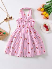 SHEIN Casuvi Kids 花园女孩夏季新款时尚Polo领露背吊带束腰甜美度假风连衣裙，少女正式连衣裙 - 粉色 - 查看 2