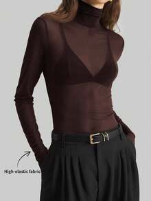 Ontre 2026春夏斯德哥尔摩风格，女士教师套装，夏季服装 - 高领针织衫，优雅夏季衬衫，网纱长袖衬衫，商务休闲女士基础款上衣。卡其色 - 棕色 - 查看 1