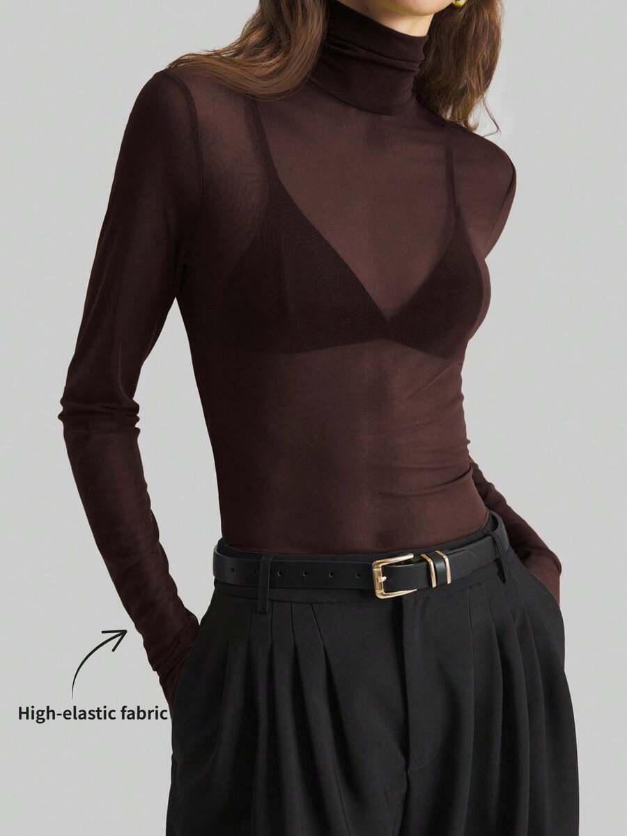 Ontre 2026春夏斯德哥尔摩风格，女士教师套装，夏季服装 - 高领针织衫，优雅夏季衬衫，网纱长袖衬衫，商务休闲女士基础款上衣。卡其色 - 棕色 - 查看 1