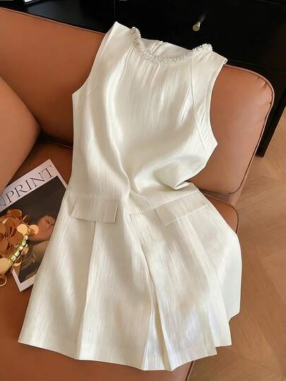 GlowEve Sleeveless Dress With Lace Collar Decoration, Shiny Faux Pocket, Casual Daily Commute Travel Vacation Wear For Women