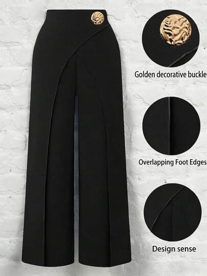 SHEIN PETITE CURVE Quần ống rộng màu trơn, trang trí kim loại, cỡ lớn dành cho nữ, phù hợp cho các dịp thường ngày, dự tiệc, đi làm và nhiều dịp khác. Quần có chân váy liền, quần tây nữ màu đen, quần ống rộng.