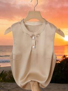 Lyxana Women's Summer Knit Round Neck Shiny Cady Sleeveless Champagne Commuter Metal Button Elegant Casual Versatile Tank Top - Champagne - View 5