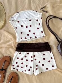 SHEIN Bộ đồ thể thao cho bé gái tuổi teen, gồm áo hai dây và quần short phối màu chấm bi, thoải mái và tối giản. - trắng - Xem 5