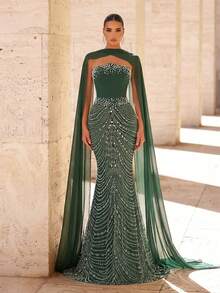 Glamrae 优雅奢华亮片水钻装饰仿珍珠吊带美人鱼连衣裙，配有可拆卸颈带，适合婚礼、派对、度假、晚宴、正式场合（装饰繁复） - 綠色 - 查看 1