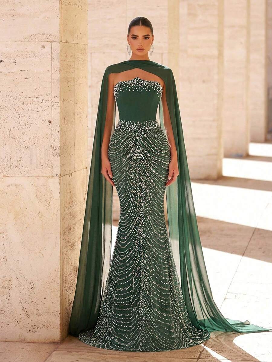 Glamrae 优雅奢华亮片水钻装饰仿珍珠吊带美人鱼连衣裙，配有可拆卸颈带，适合婚礼、派对、度假、晚宴、正式场合（装饰繁复） - 綠色 - 查看 1