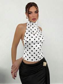 Aloruh White Polka Dot Backless Camisole, Elegant For Commuting, Sexy For Vacation,Summer Top - White - View 4