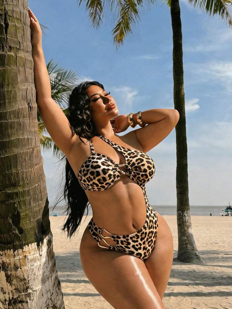 Swim Lushoire Traje de baño de una pieza con tirante asimétrico de color marrón sólido para mujer de talla grande, estilo casual de vacaciones - Negro - Añade 5