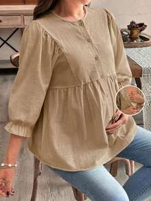 SHEIN Camisa casual de maternidad de unicolor, cuello redondo, manga 3/4 y abotonadura sencilla - Caqui - Ver 4