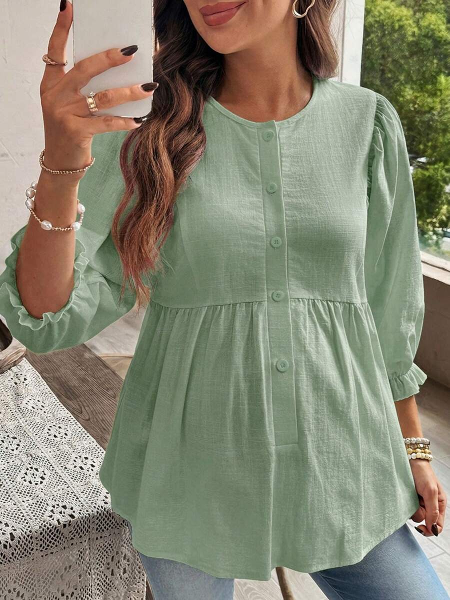 SHEIN Áo sơ mi bầu màu trơn cổ tròn tay lửng 3/4 cài một hàng khuy kiểu dáng thường ngày - Màu xanh Bạc hà - Xem 1