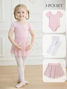 3pcs/Set Girls Pink Elastic Knit Skin-Friendly Bodysuit, Girls Pink Tulle Skirt, Girls White Skin-Friendly Elastic Tights, Soft Fabric Suitable For Ballet, Gymnastics, Daily Wear, Outings, Parties And Other Occasions - Pink - View 2