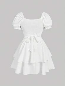 SHEIN MOD Đầm ngắn tay phồng màu trơn mùa hè, cổ tim, thắt nơ sau lưng, thích hợp cho lễ tốt nghiệp hoặc sinh nhật. - trắng - Xem 3