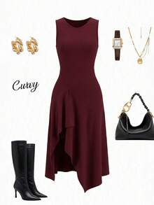 Airlisse Vestido ajustado sin mangas de unicolor minimalista y asimétrico para uso casual y de oficina - Burdeos - Ver 5