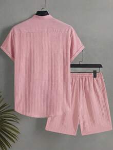 Surfspeed Front Button Short Sleeve Casual Summer Shirt And Shorts Set - Pink - View 3