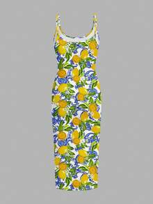 Veykashi Casual Minimalist Full-Print Fresh Lemon Fruit Pattern Bodycon Cami Maxi Dress, Suitable For Summer, Beach Vacation, Graduation Season, Spring Break - Yellow - View 8