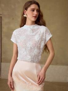 MOTF PREMIUM 优雅精致时尚玫瑰刺绣短袖立领女式上衣T恤 - 白色 - 查看 1
