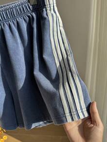 SHEIN EZwear Quần short nữ cỡ lớn màu xanh nhuộm tie-dye kẻ sọc bên hông - Màu xanh lam - Xem 8