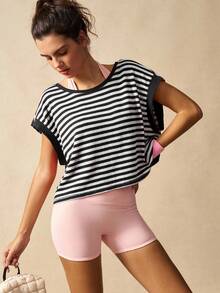 VARSIVA Áo tập thể dục nữ, áo thun và áo tank top thể thao kẻ sọc thời trang, thích hợp cho mùa hè. - Đen và trắng - Xem 2