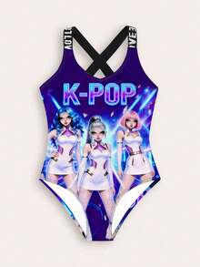 Tween Girl Letter & Portrait Print One-Piece Swimsuit - Multicolor - View 3