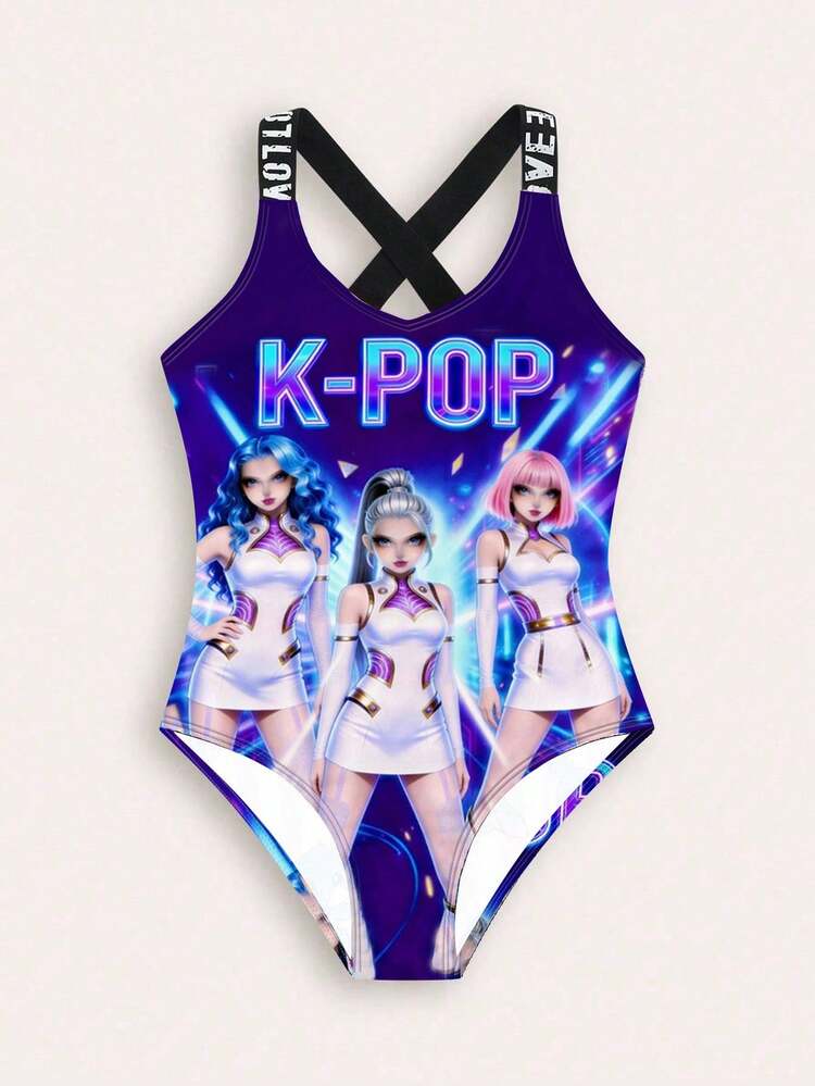 Tween Girl Letter & Portrait Print One-Piece Swimsuit - Multicolor - View 3