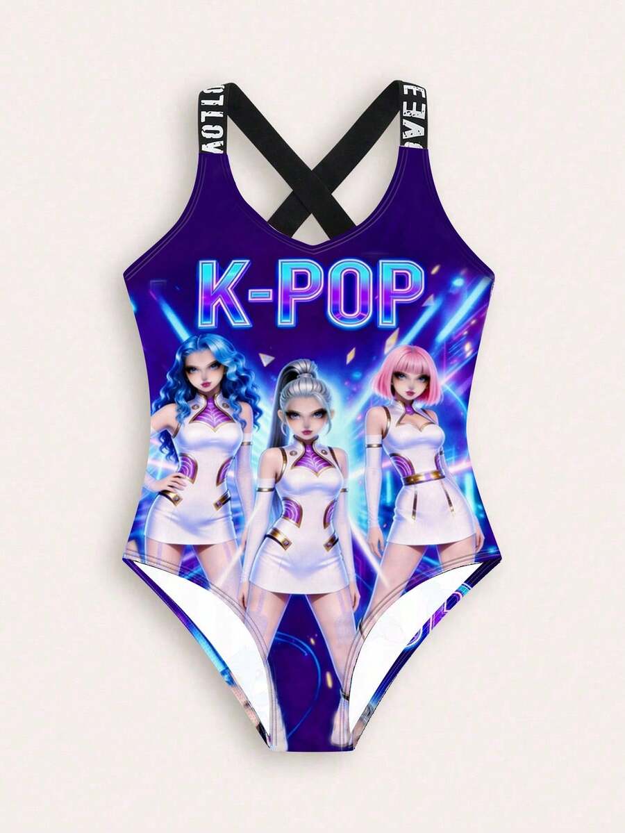 Tween Girl Letter & Portrait Print One-Piece Swimsuit - Multicolor - View 1