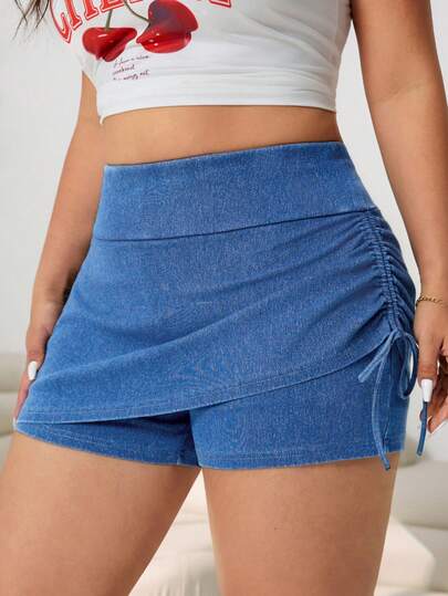Solflare 大码女式高腰侧抽绳休闲牛仔短裙