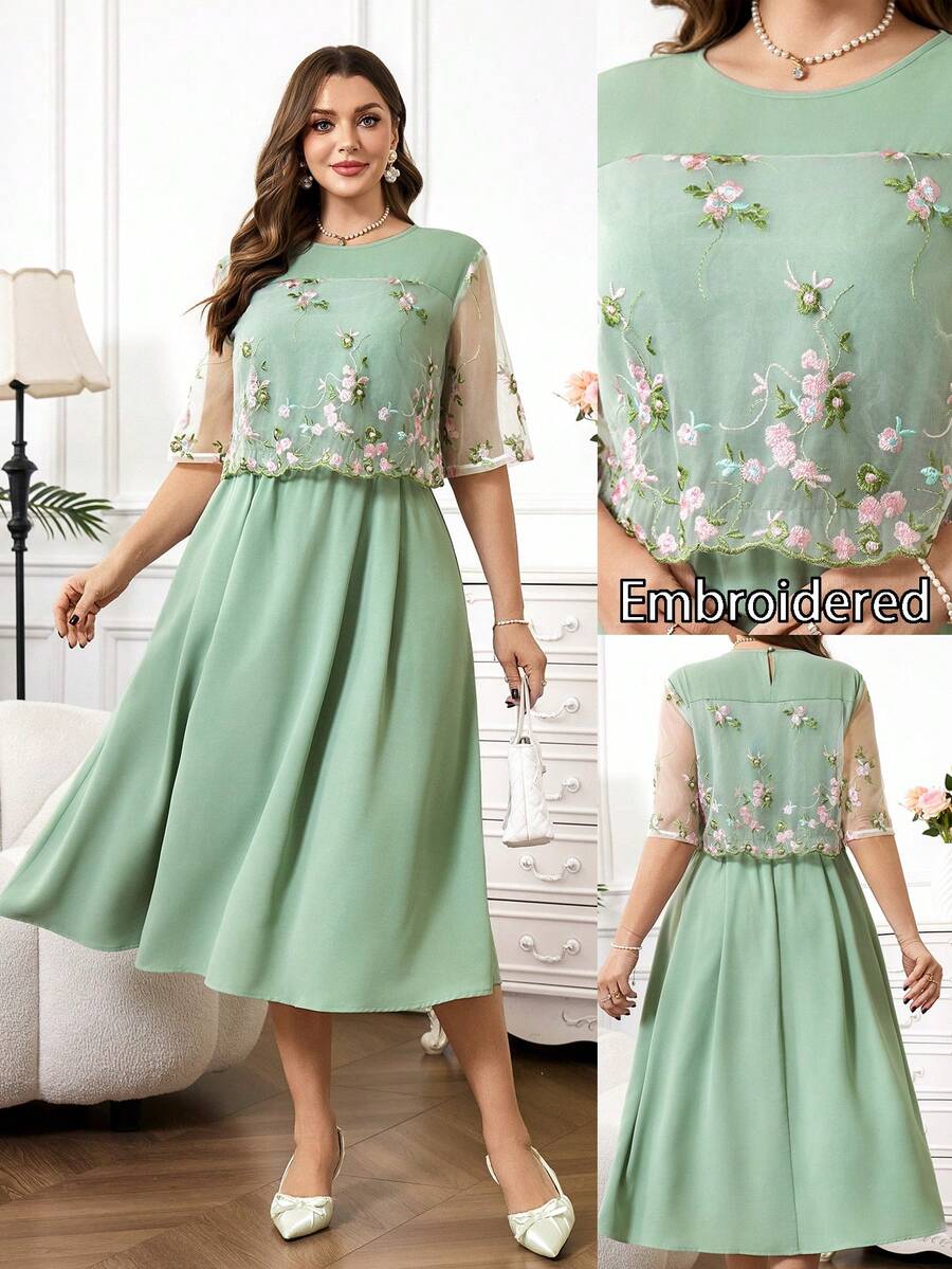 Reflora Đầm xòe ngắn tay cổ tròn thêu ren lưới thanh lịch dành cho nữ cỡ lớn