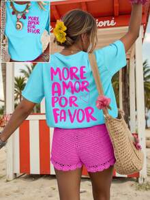 EMERY ROSE Áo nữ mùa hè thời trang, phong cách thường ngày, in hai mặt, mang thiết kế cổ điển với họa tiết trái tim và sọc. Áo thun cổ tròn tay ngắn, chất liệu trơn, in chữ "MORE AMORE PER". - Màu xanh lam - Xem 1