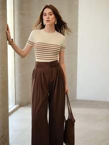 MOTF PREMIUM ÁO LEN NGẮN TAY DÁNG ÔM DÁNG HỌA TIẾT SỌC TƯƠNG PHẢN DÀNH CHO NỮ - Màu be - Xem 5