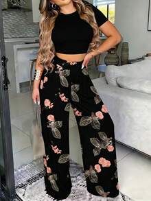 Conjunto de Top corto con estampado floral y pantalones largos con estampado de plantas para mujeres, ideal para primavera/verano - Negro - Ver 9
