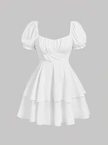 SHEIN MOD Đầm ngắn tay phồng màu trơn mùa hè, cổ tim, thắt nơ sau lưng, thích hợp cho lễ tốt nghiệp hoặc sinh nhật. - trắng - Xem 2
