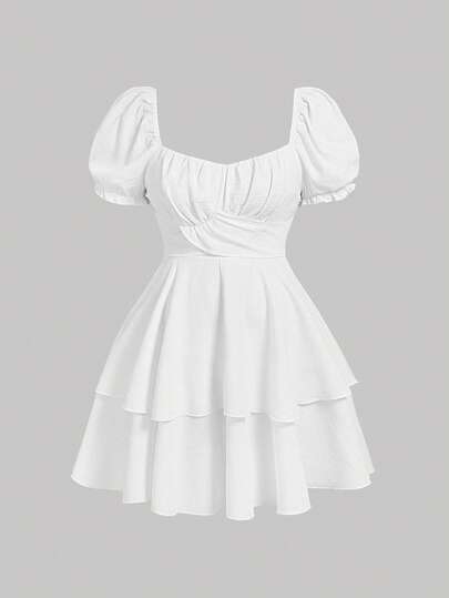 SHEIN MOD 夏季纯色甜心领蝴蝶结系带泡泡袖迷你连衣裙，毕业礼服，女士生日礼服