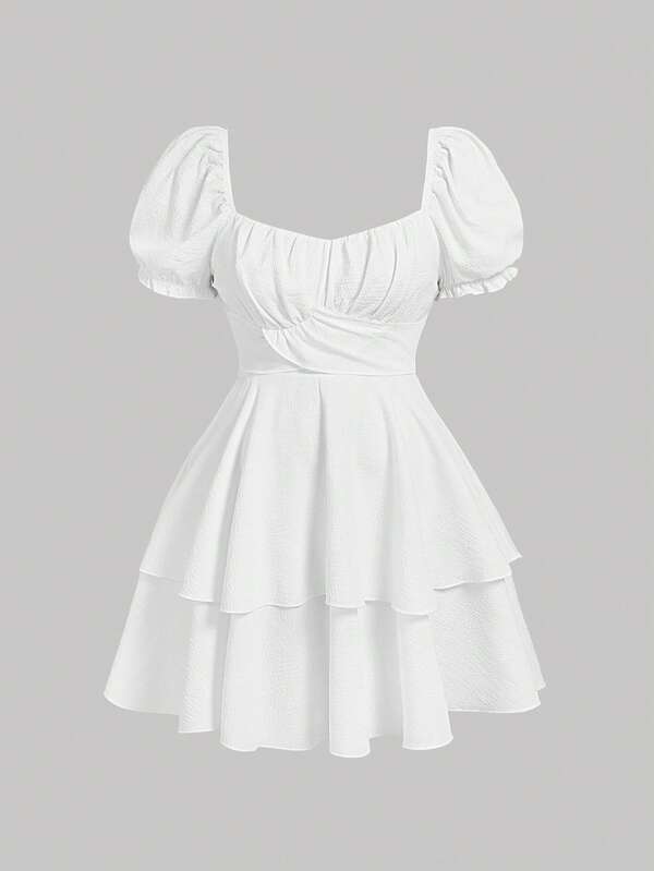 SHEIN MOD Summer Solid Color Sweetheart Neck Bowknot Tie Back Puff Sleeve Mini Dress,Graduation Dress,Birthday Dresses For Women