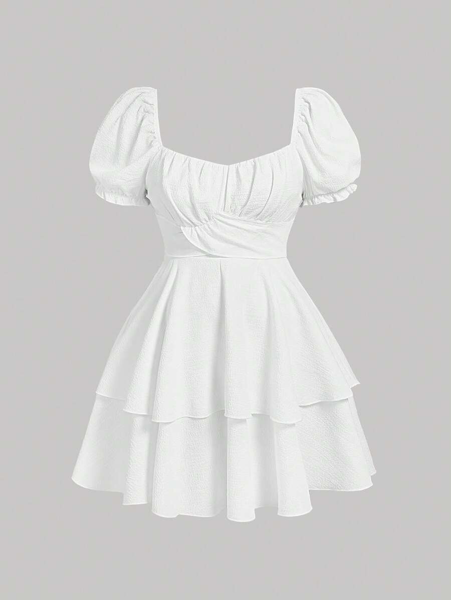 SHEIN MOD Đầm ngắn tay phồng màu trơn mùa hè, cổ tim, thắt nơ sau lưng, thích hợp cho lễ tốt nghiệp hoặc sinh nhật.